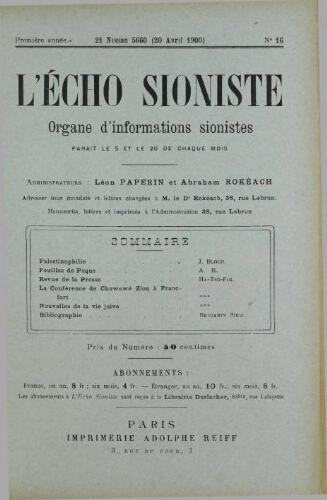 L'Echo Sioniste. Vol. 1 n° 16 (20 avril 1900)